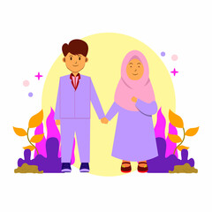 Illustration vector graphic of the wedding couple with flat design style. Suitable for sticker characters, clipart, drawing books, wedding invitations, and all digital printing media.