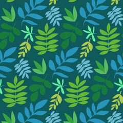 Colorful seamless pattern of leaves in pastel colors. Vector illustration. Illustration in doodle style. Texture for printing on textiles and printing, for interior decoration.