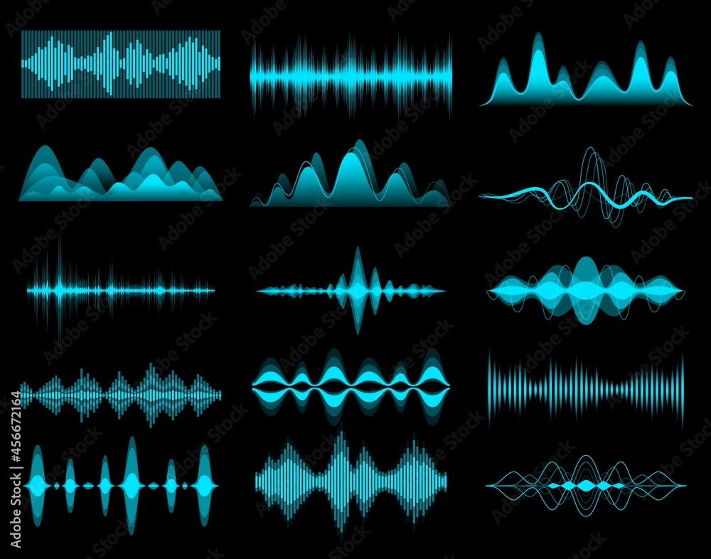 Fototapete HUD sound music equalizer, audio waves. Iinterface elements, vector voice frequency waveform. HUD sound wave or radio signal digital waveform, music volume and recording or play equalizer