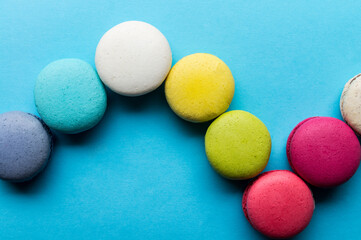 Macaron cookies, top view, almond biscuits, colorful, tasty