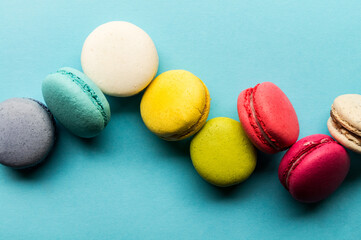 Macaron cookies, top view, almond biscuits, colorful, tasty.