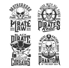 Obraz premium Pirate captain and corsair skull t-shirt print vector mockup of piracy. Skulls and skeleton head of dead pirate captain, corsair or sailor with hat, hook and anchors, helm, wheel and sea waves