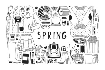 Hand drawn spring pattern. Cute vector background. Artistic doddle drawing. Creative ink art work. Fashion illustration season objects