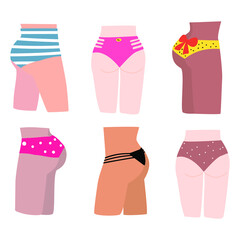 Women bodies in different bikini style. Be ready for summer and beach season. Cute and playful style illustration.