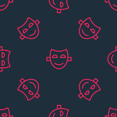 Red line Comedy theatrical mask icon isolated seamless pattern on black background. Vector