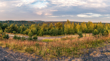 Fototapeta na wymiar view from the mining heap on forests and other heaps and mining infrastructure. panorama of the autumn forest seen from the mining heap
