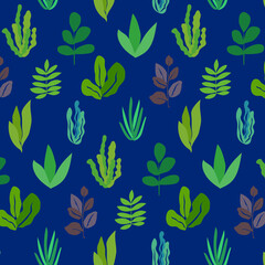 Colorful seamless pattern of leaves in pastel colors. Vector illustration. Illustration in doodle style. Texture for printing on textiles and printing, for interior decoration.