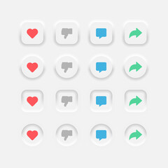 Neumorphism UI UX Design Elements set. Vector Buttons Like Dislike Comment Share on abstract grey background Vector illustration EPS 10