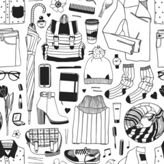 Hand drawn fashion illustration. Creative ink art work. Actual vector drawing spring look. Seamless pattern with objects