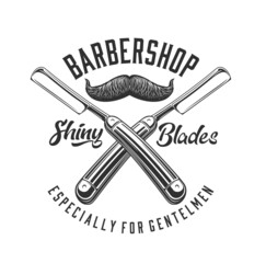 Barbershop straight razor and mustache icon of barber shop vector design. Hair cut and beard shave equipment or hairdresser tools with vintage man moustache isolated symbol or emblem