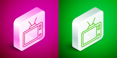 Isometric line Retro tv icon isolated on pink and green background. Television sign. Silver square button. Vector