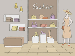 Shop interior fashion store graphic color sketch illustration vector 