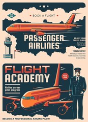 Passengers airlines and flight academy retro posters. Air flight industry, airplane tickets booking service and airline pilots school vintage banners with airliner in sky, airport dispatcher tower - obrazy, fototapety, plakaty