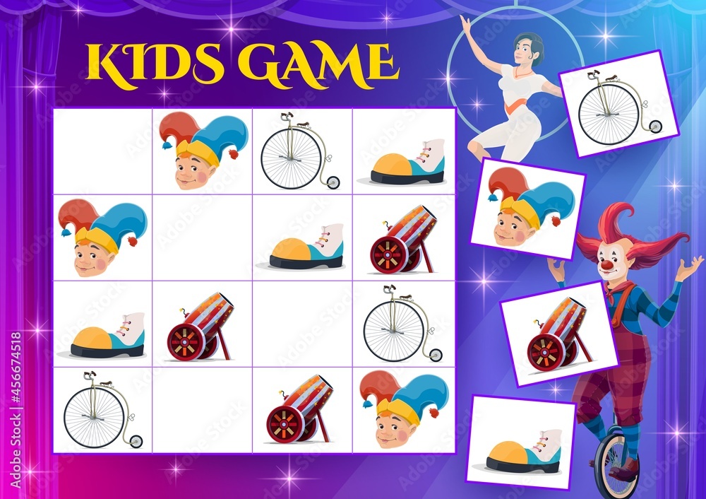 Poster sudoku game with circus characters and items, kids education vector puzzle. block game, maze or logi