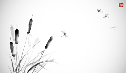 Cattail, reed plant and drafonflies hand drawn with ink on white background. Traditional oriental ink painting sumi-e, u-sin, go-hua. Translation of hieroglyph - zen