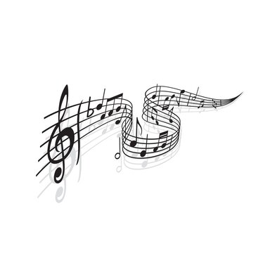 Musical wave with vector notes of sheet music and shadows. Black swirl of music staff or stave with melody or song notes, treble clef, flat tone symbol and bar lines, musical notation themes