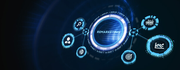 The concept of business, technology, the Internet and the network.  virtual screen of the future and sees the inscription: Remarketing. 3d illustration