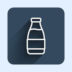 White line Closed glass bottle with milk icon isolated with long shadow background. Blue square button. Vector