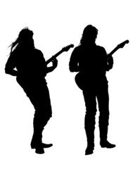 Rock band musicians on stage. Isolated silhouettes on a white background