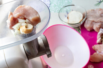 various ingredients for cooking cutlets in a meat grinder