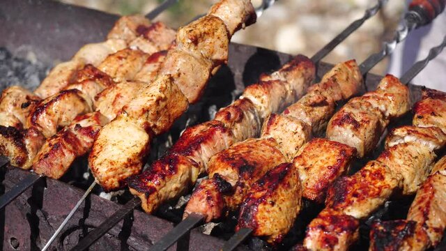 Barbecue Grilled pork kebabs meat lamb kebab marinated barbecue meat shashlik shish kebab outdoors picnic. Shashlik or Shish kebab popular in Eastern Europe and Russia.