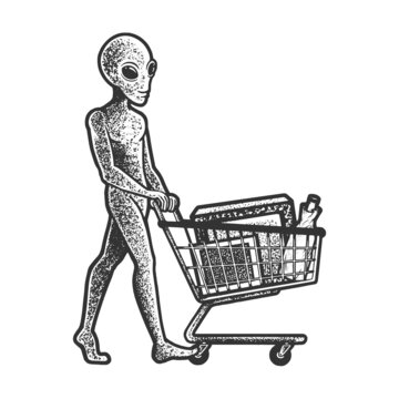 Alien shopping at store with shopping cart sketch engraving vector illustration. T-shirt apparel print design. Scratch board imitation. Black and white hand drawn image.