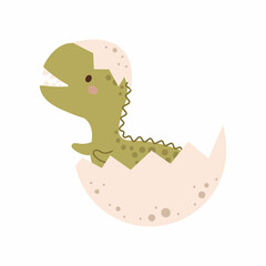 Cute baby dino in egg in scandinavian style. Cartoon dinosaurs animal for kids cards, baby shower, t-shirt, birthday invitation, house interior. Bohemian childish vector illustration.