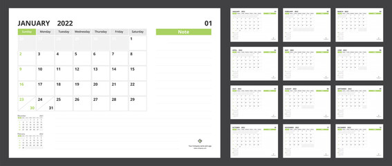 2022 calendar planner set for template corporate design week start on Sunday. - obrazy, fototapety, plakaty