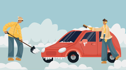 Vector illustration of a man in winter clothes cleaning snow in a car parking lot. A man sweeps snow with a brush from a car.