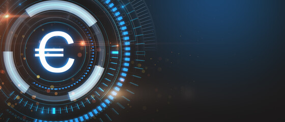 Abstract glowing blue euro sign hologram on dark background with mock up place. Business, finance and online banking concept. 3D Rendering.