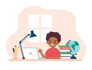 Boy studying with computer and books. Vector illustration concept in cartoon style