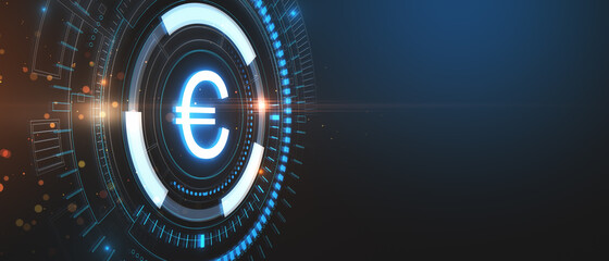 Creative glowing blue euro sign hologram on dark background with mock up place. Business, finance and online banking concept. 3D Rendering.