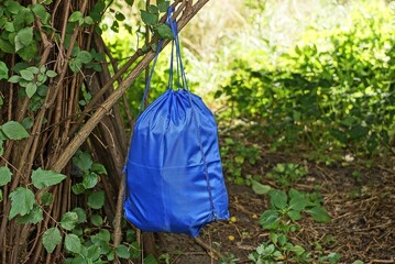 one full blue backpack bag hanging on gray bush branches with green leaves in nature