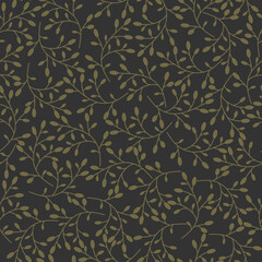Floral seamless pattern texture with golden berries branches on black. Garden or forest nature background.