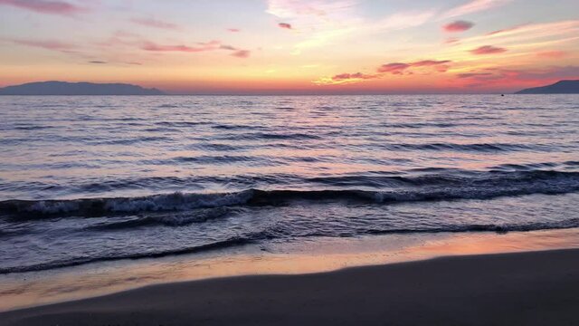 Footage of Sea landscape Selcuk Pamucak Beach on sunset.