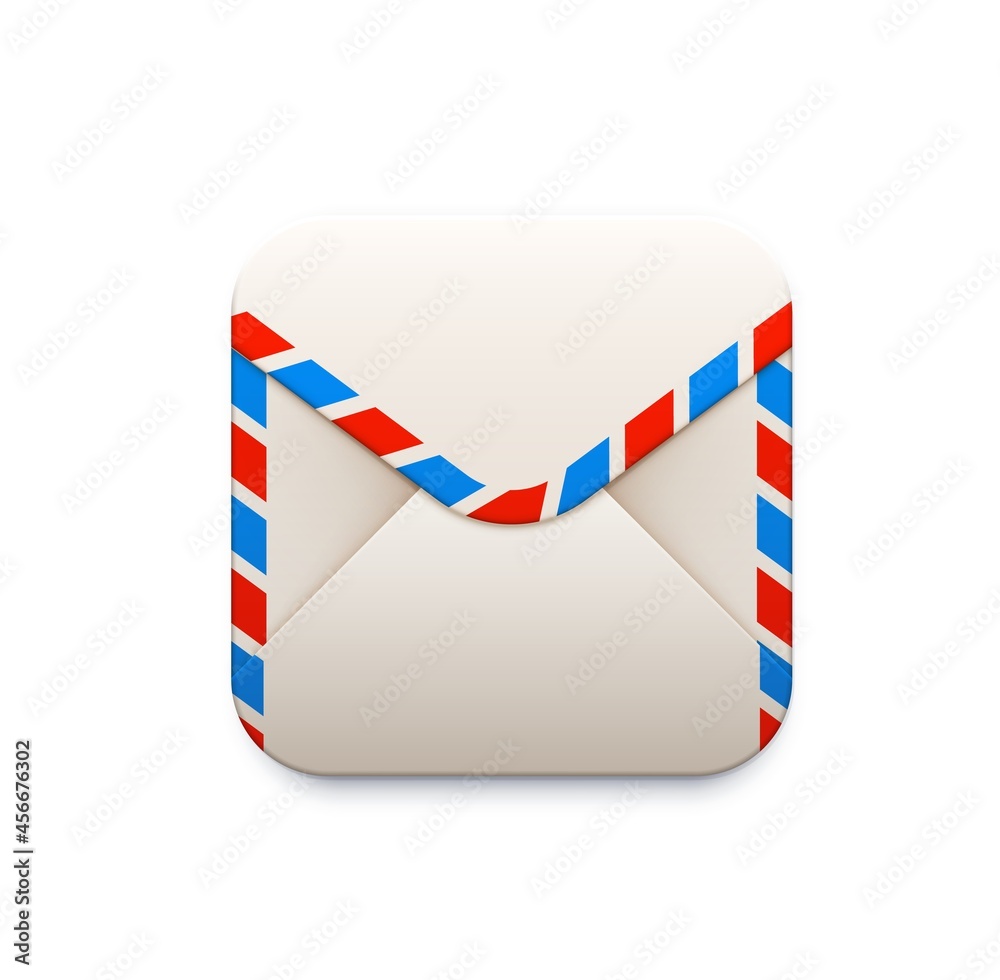 Leinwandbilder Mail envelope icon. E-mail smartphone application, messaging and mailing mobile service, delivery company app 3d vector icon or UI pictogram with white paper envelope with red and blue stripe