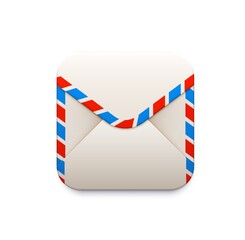 Mail envelope icon. E-mail smartphone application, messaging and mailing mobile service, delivery company app 3d vector icon or UI pictogram with white paper envelope with red and blue stripe