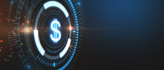 Creative glowing blue dollar sign hologram on dark background with mock up place. Business, finance and online banking concept. 3D Rendering.