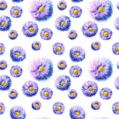 Seamless pattern from violet flowers painted with markers on an white background. For fabric, sketchbook, wallpaper, wrapping paper.