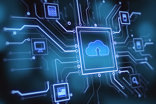 Abstract glowing circuit cloud computing interface on blurry blue bokeh background. Information, technology and network concept. 3D Rendering.