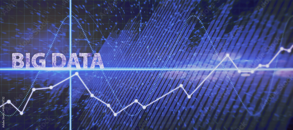 Poster Glowing blue big data interface on grid backdrop. Technology and innovation concept. 3D Rendering.