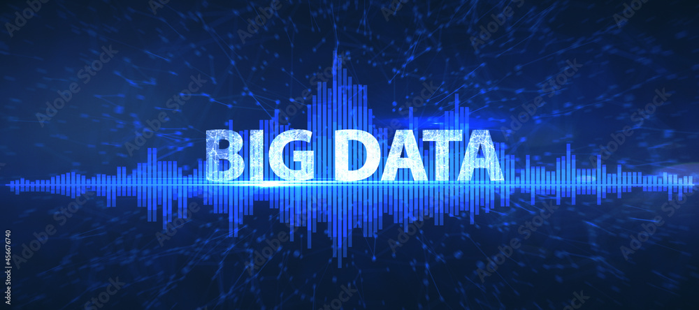 Poster Glowing blue big data interface on grid background. Technology and innovation concept. 3D Rendering.
