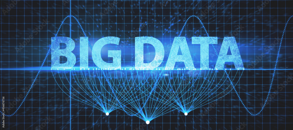 Poster Glowing blue big data interface on grid wallpaper. Technology and innovation concept. 3D Rendering.