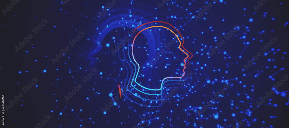 Poster Bright artificial intelligence background with head outline and polygonal mesh. AI, machiner learning and digital transformation concept. 3D Rendering.