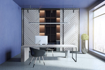 Modern blue and concrete home office interior with workplace, bookcase, window with city view and daylight. 3D Rendering.