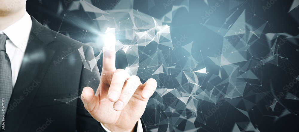 Aufkleber Hand pointing at abstract glowing polygonal connections interface on dark background. Web and global networking concept. Double exposure.