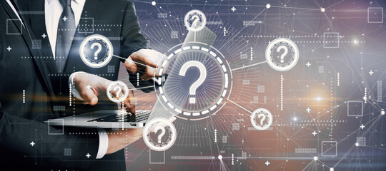 Businessmen hands pointing at laptop computer with creative digital questions interface on pink background. Education, teamwork, problem and digital help concept. Double exposure.