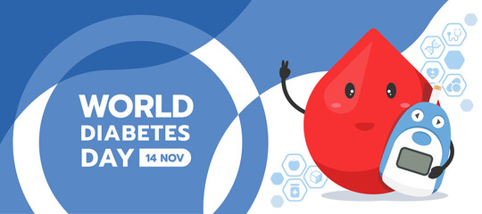 world diabetes day banner drop blood charector hold Blood Glucose Meter on abstract blue ring circle, curve texture background vector design