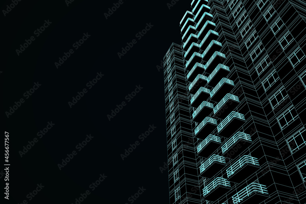 Aufkleber Abstract linear building project on black background with mock up place. Architecture, construction and blueprint concept. 3D Rendering.