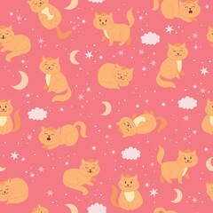 Fototapeta premium Cats pattern with moon, stars and clouds. Cute ginger cat character in cartoon style, vector illustration